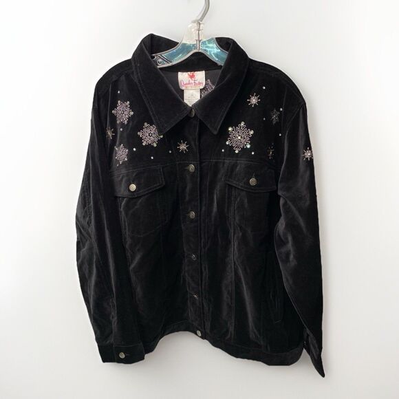 Quacker Factory Black Velvet Snowman Holiday Christmas Bling 2XL NEW Jacket VTG - Picture 2 of 9